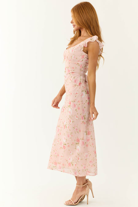 Tea Rose Floral Print Cap Sleeve Midi Dress