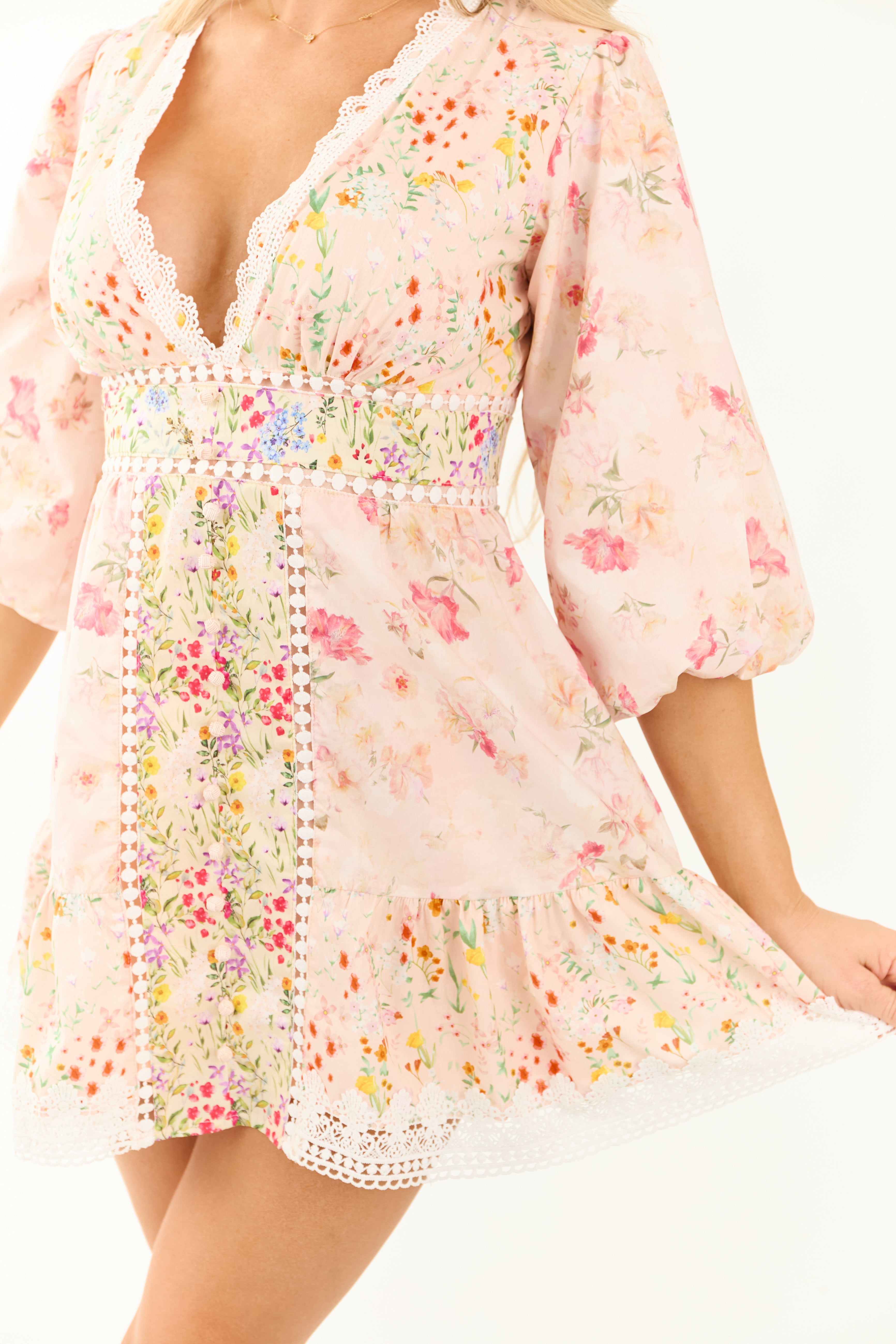 Tea Rose Floral Print Deep V Neck Mini Dress