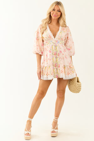 Tea Rose Floral Print Deep V Neck Mini Dress