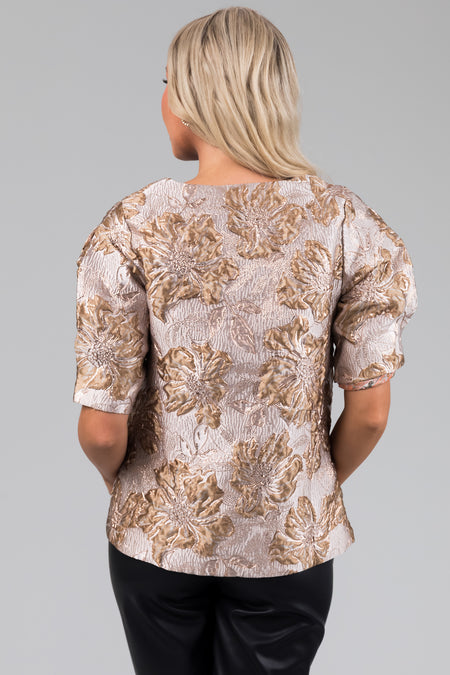 Tea Rose Floral Print Metallic Jacquard V Neck Top