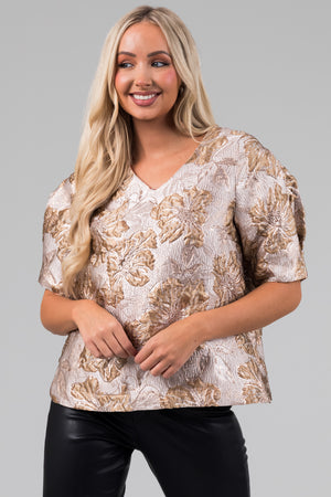 Tea Rose Floral Print Metallic Jacquard V Neck Top