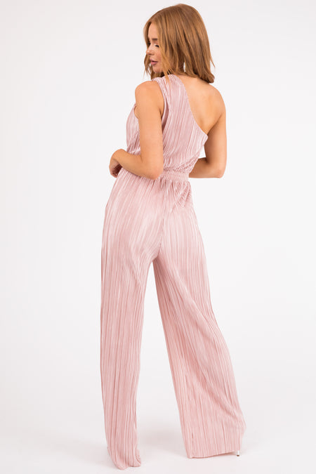 Tea Rose Pleated One Shoulder Smocked Waist Jumpsuit