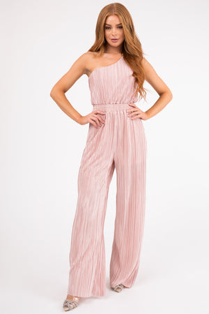 Tea Rose Pleated One Shoulder Smocked Waist Jumpsuit