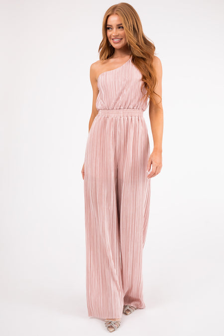 Tea Rose Pleated One Shoulder Smocked Waist Jumpsuit