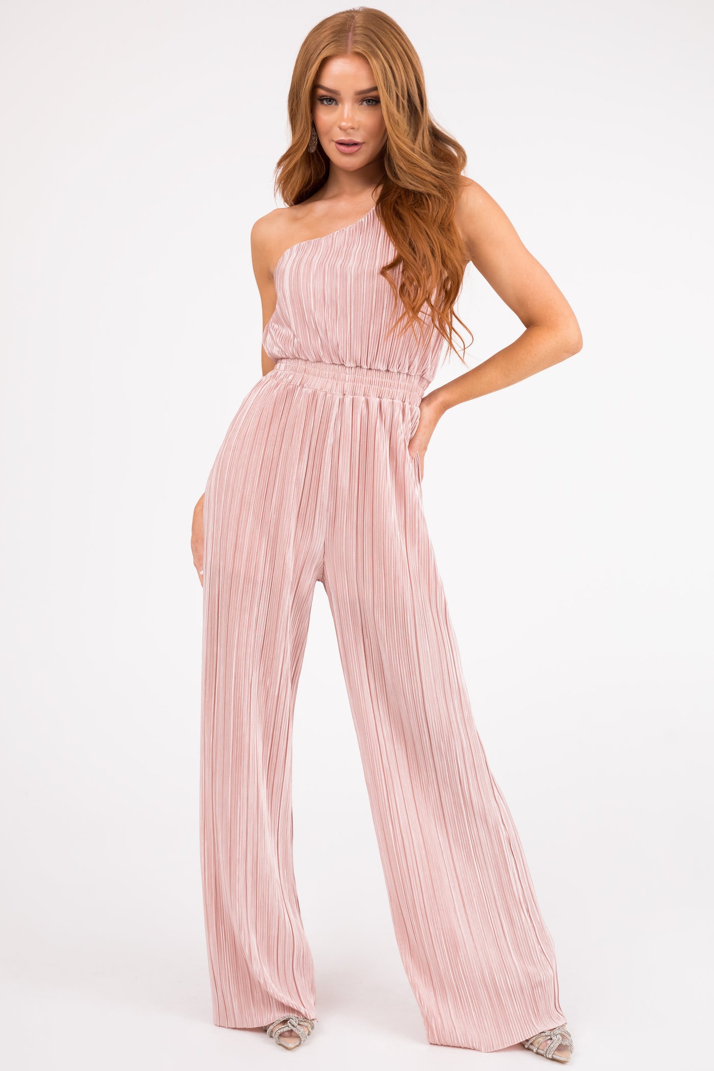 Tea Rose Pleated One Shoulder Smocked Waist Jumpsuit