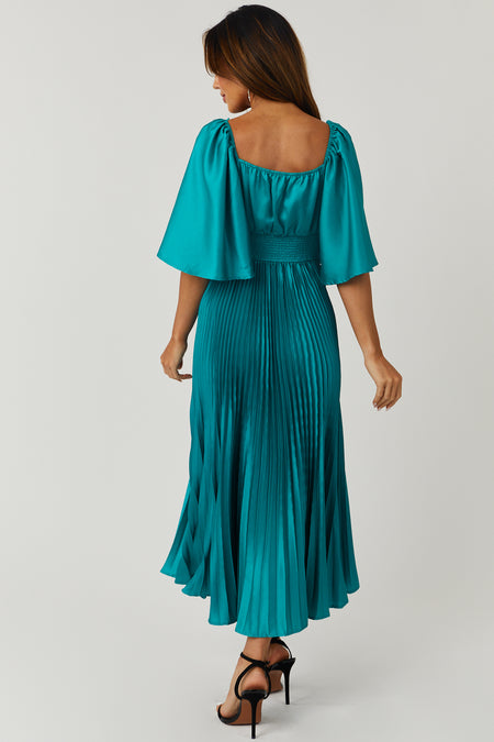 Teal Bell Sleeve Pleated Satin Midi Dress