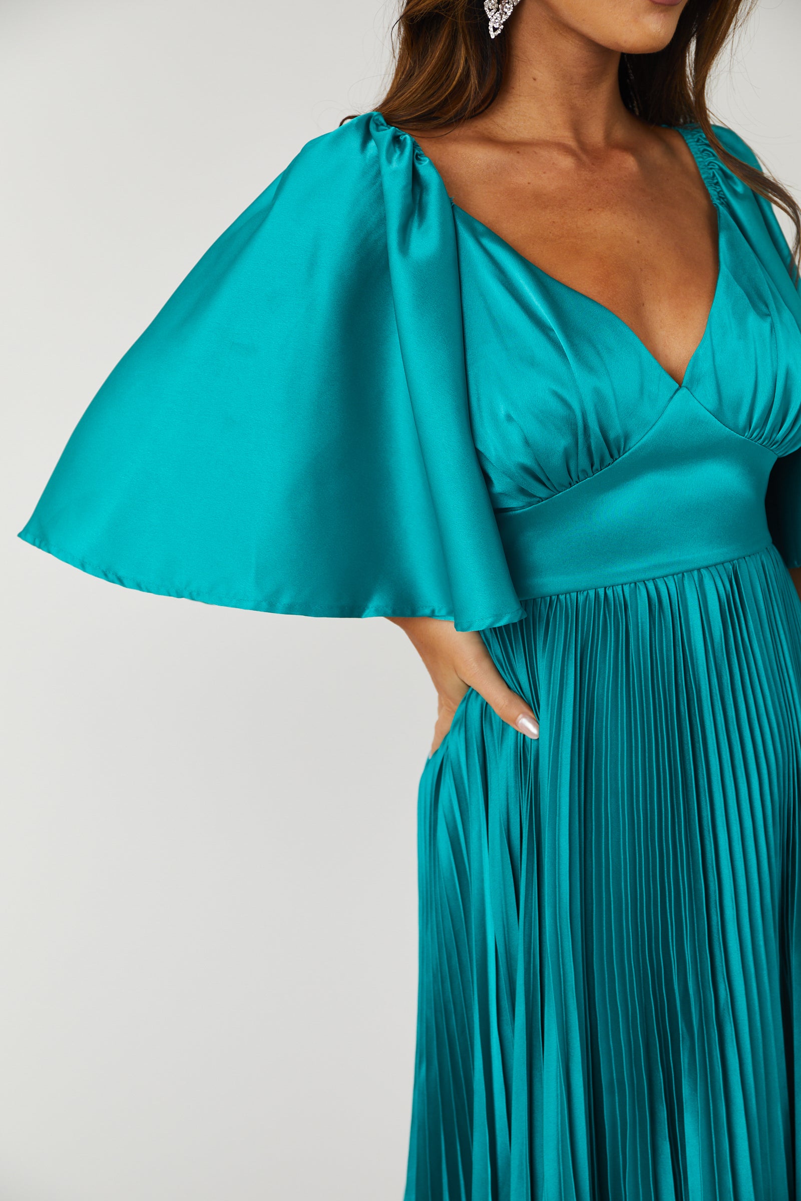 Teal Bell Sleeve Pleated Satin Midi Dress