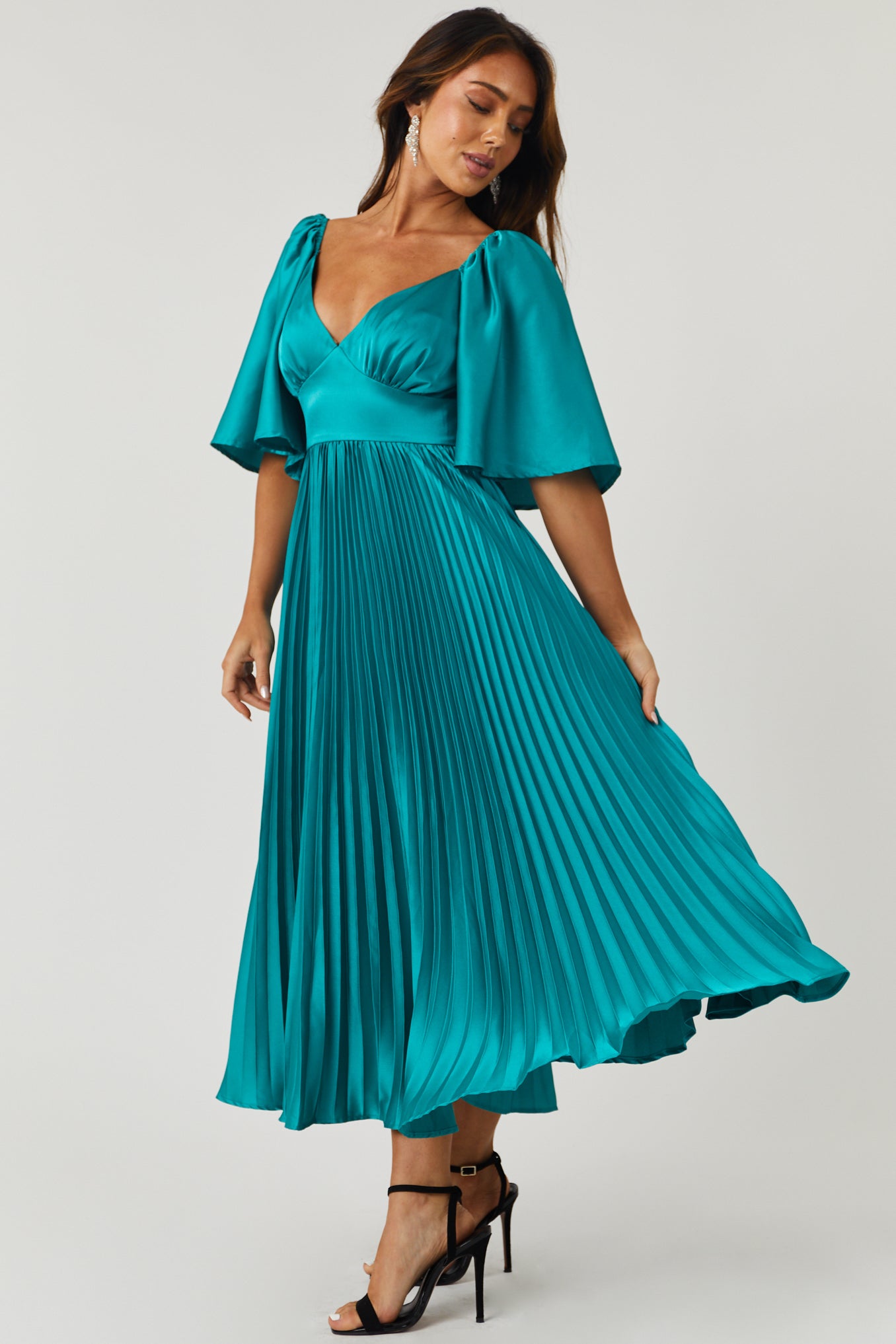 Teal Bell Sleeve Pleated Satin Midi Dress