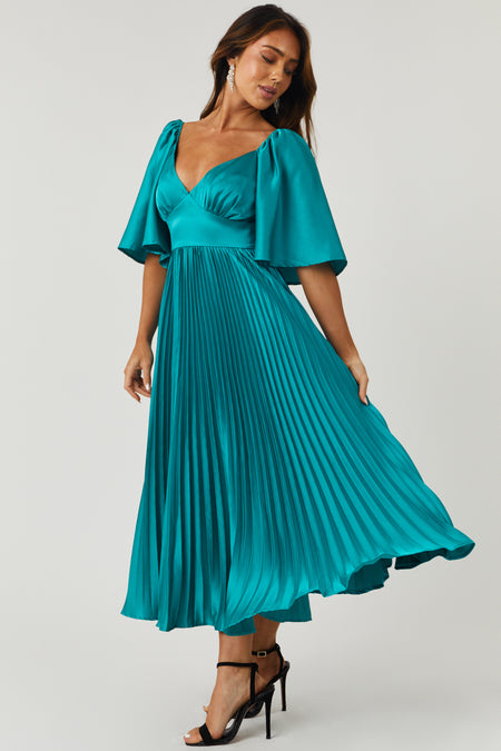 Teal Bell Sleeve Pleated Satin Midi Dress