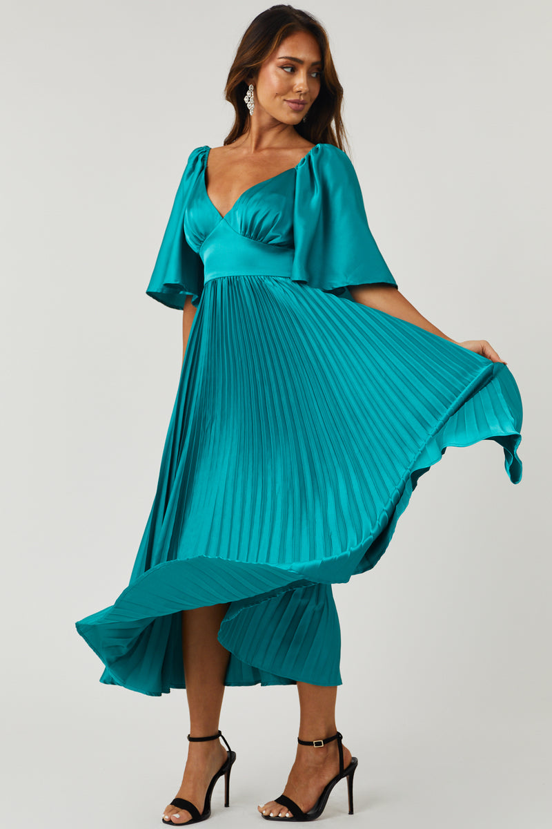 Teal Bell Sleeve Pleated Satin Midi Dress