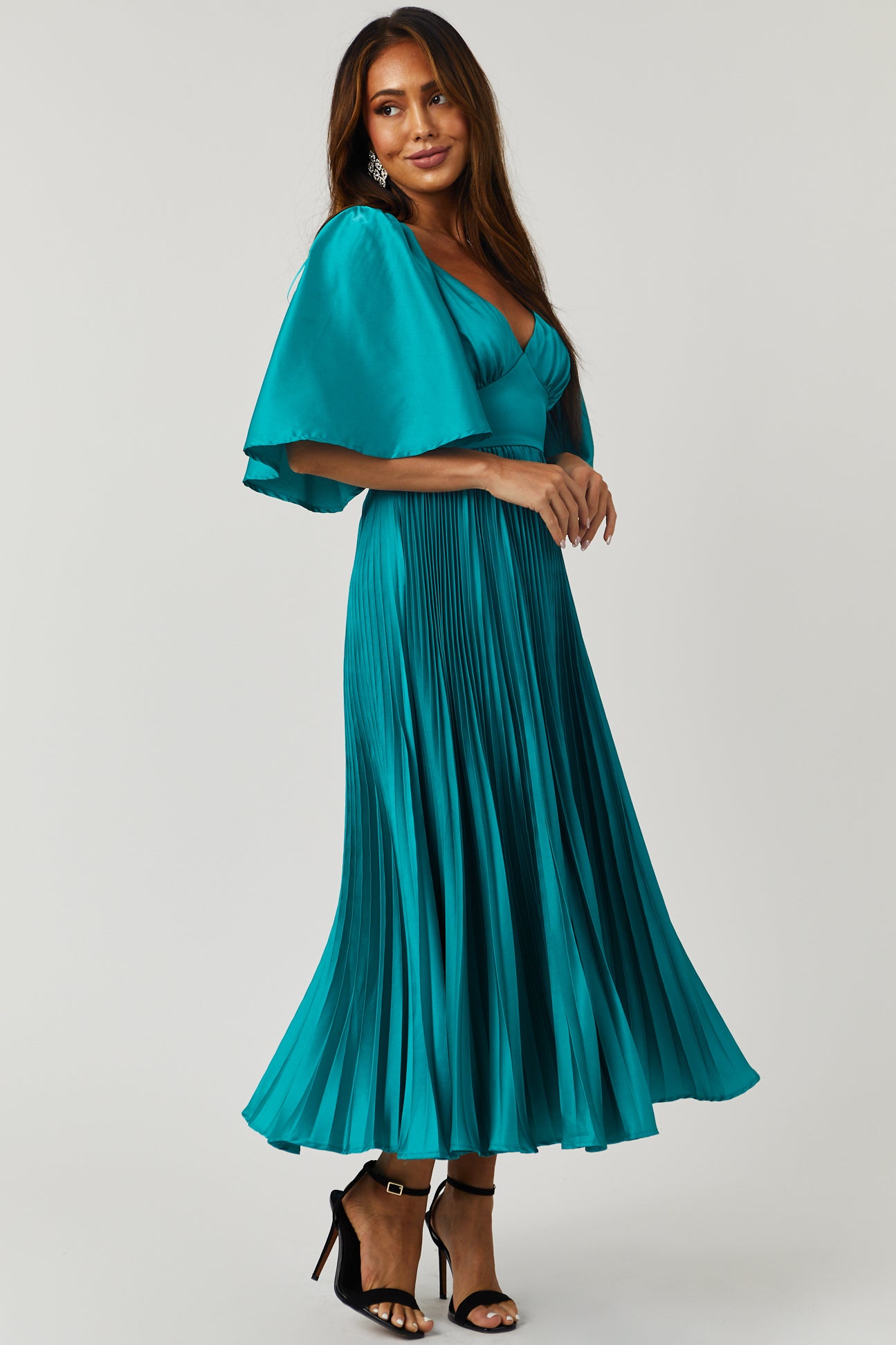 Teal Bell Sleeve Pleated Satin Midi Dress