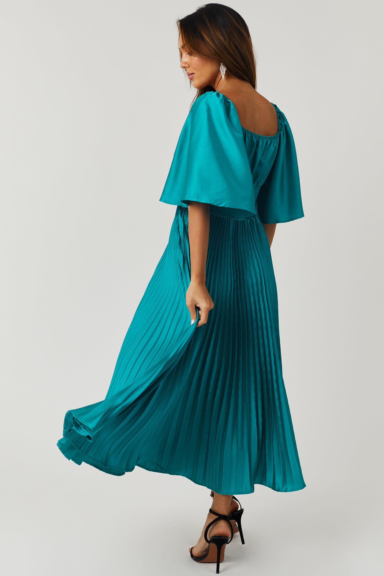 Teal Bell Sleeve Pleated Satin Midi Dress