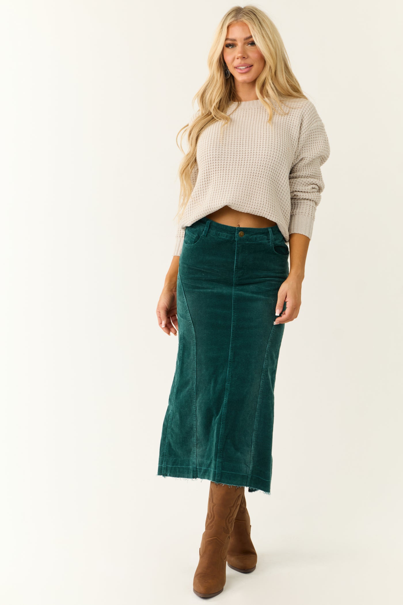 Teal Corduroy Textured High Low Maxi Skirt