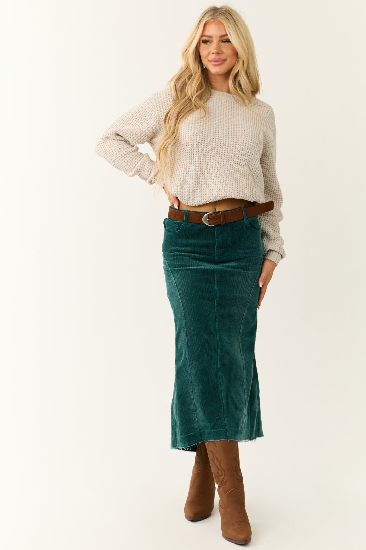 Teal Corduroy Textured High Low Maxi Skirt