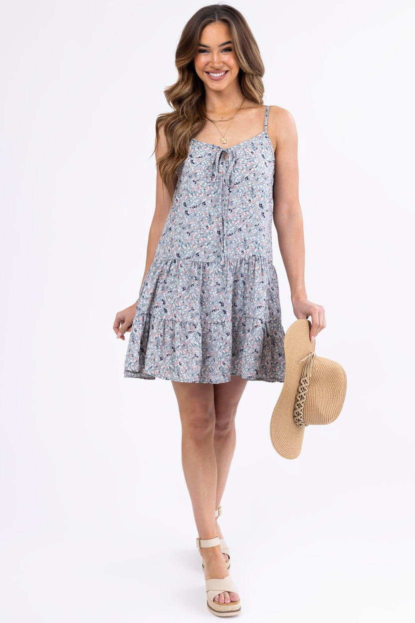 Teal Floral Print Sleeveless Short Dress