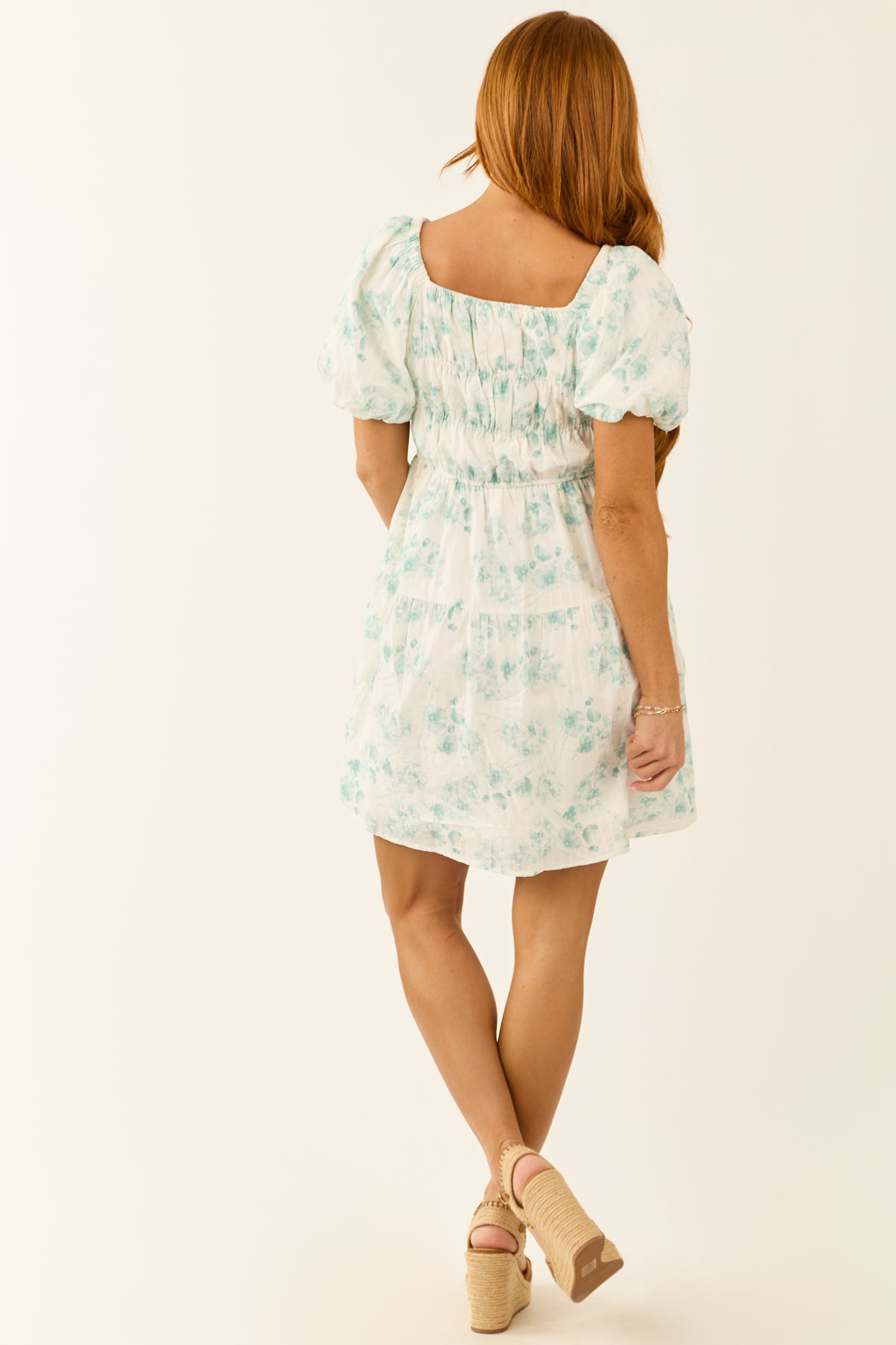 Teal Floral Puff Sleeve Cinch Waist Short Dress