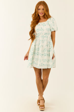 Teal Floral Puff Sleeve Cinch Waist Short Dress