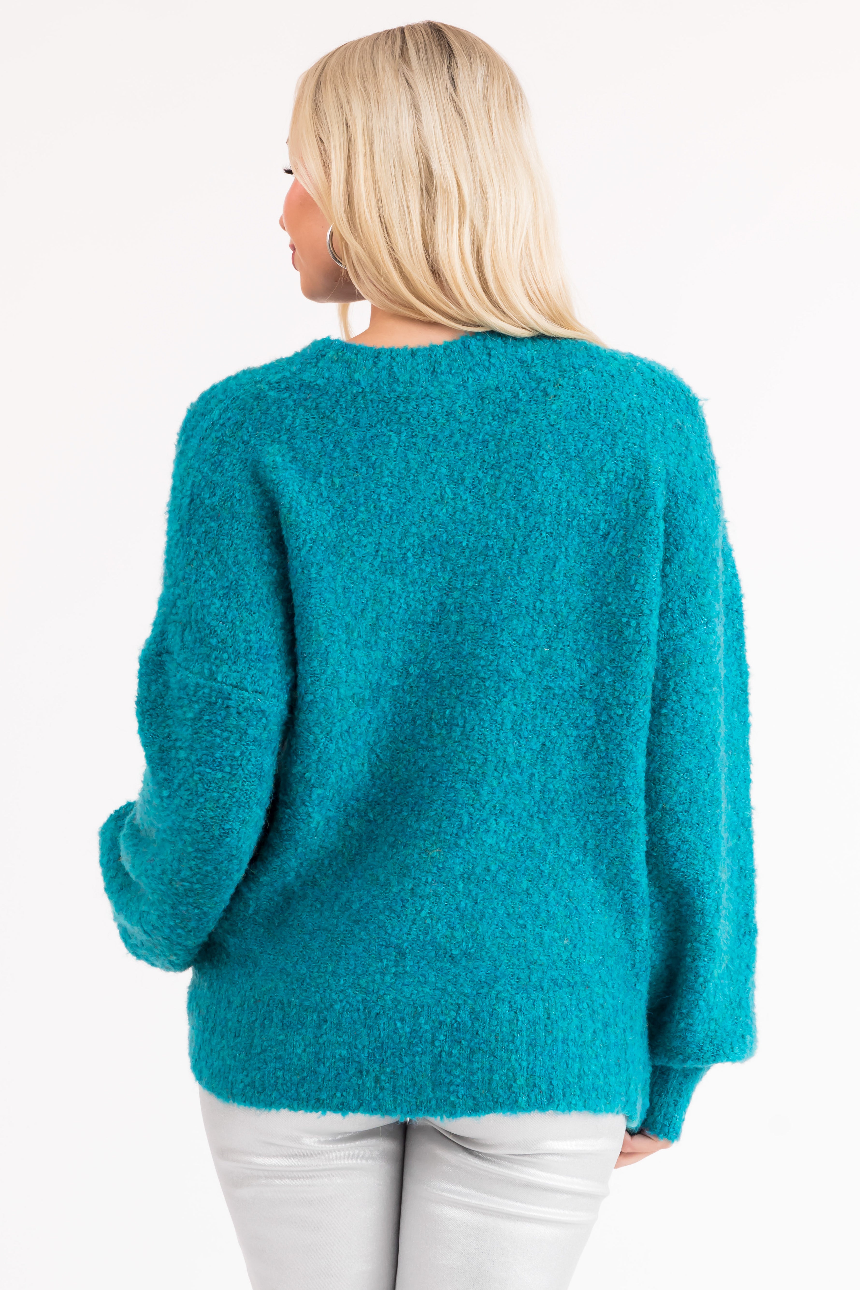 Teal Fuzzy Knit Cozy Bubble Sleeve Sweater