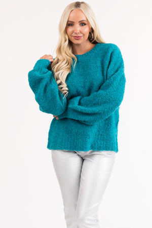 Teal Fuzzy Knit Cozy Bubble Sleeve Sweater