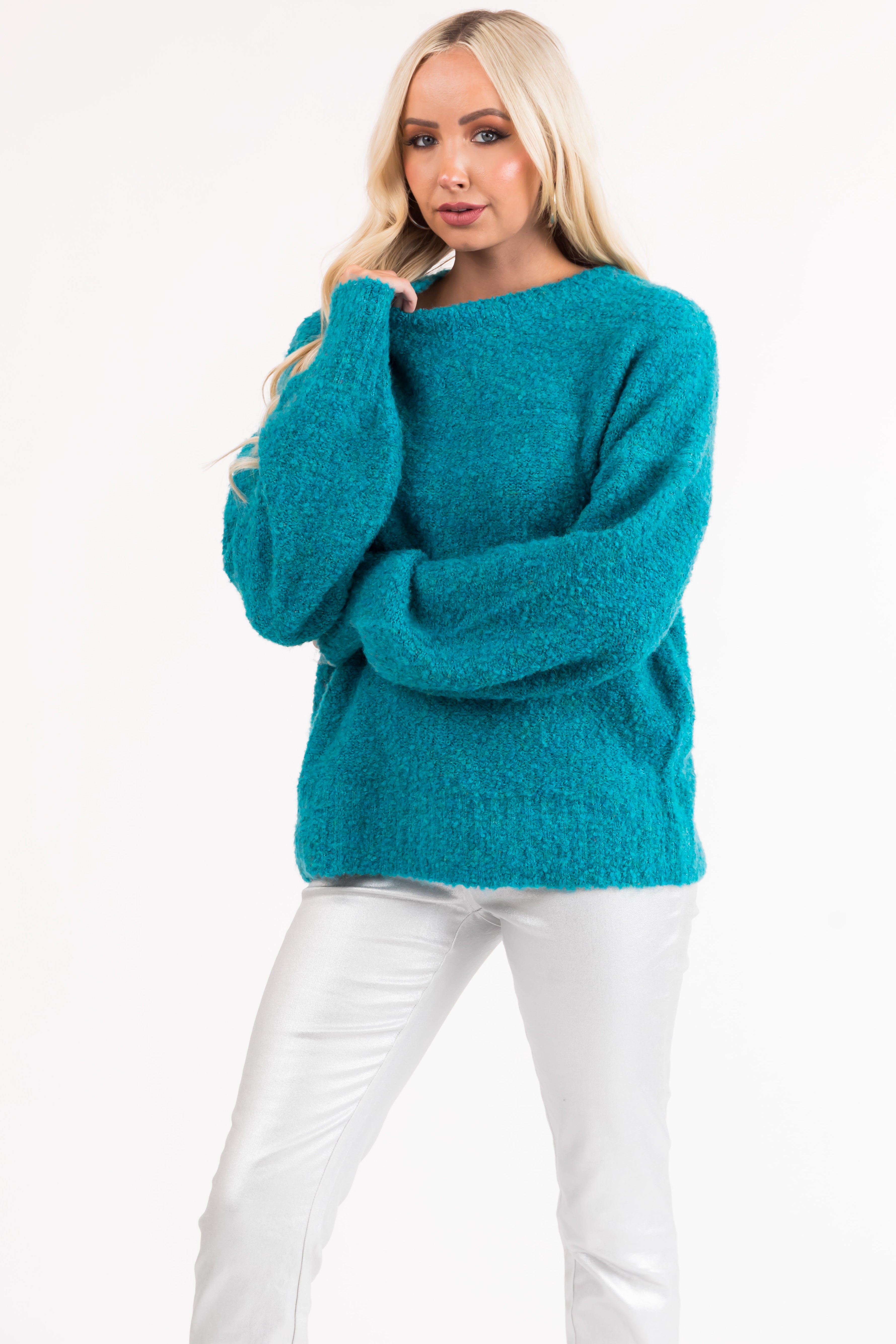 Teal Fuzzy Knit Cozy Bubble Sleeve Sweater