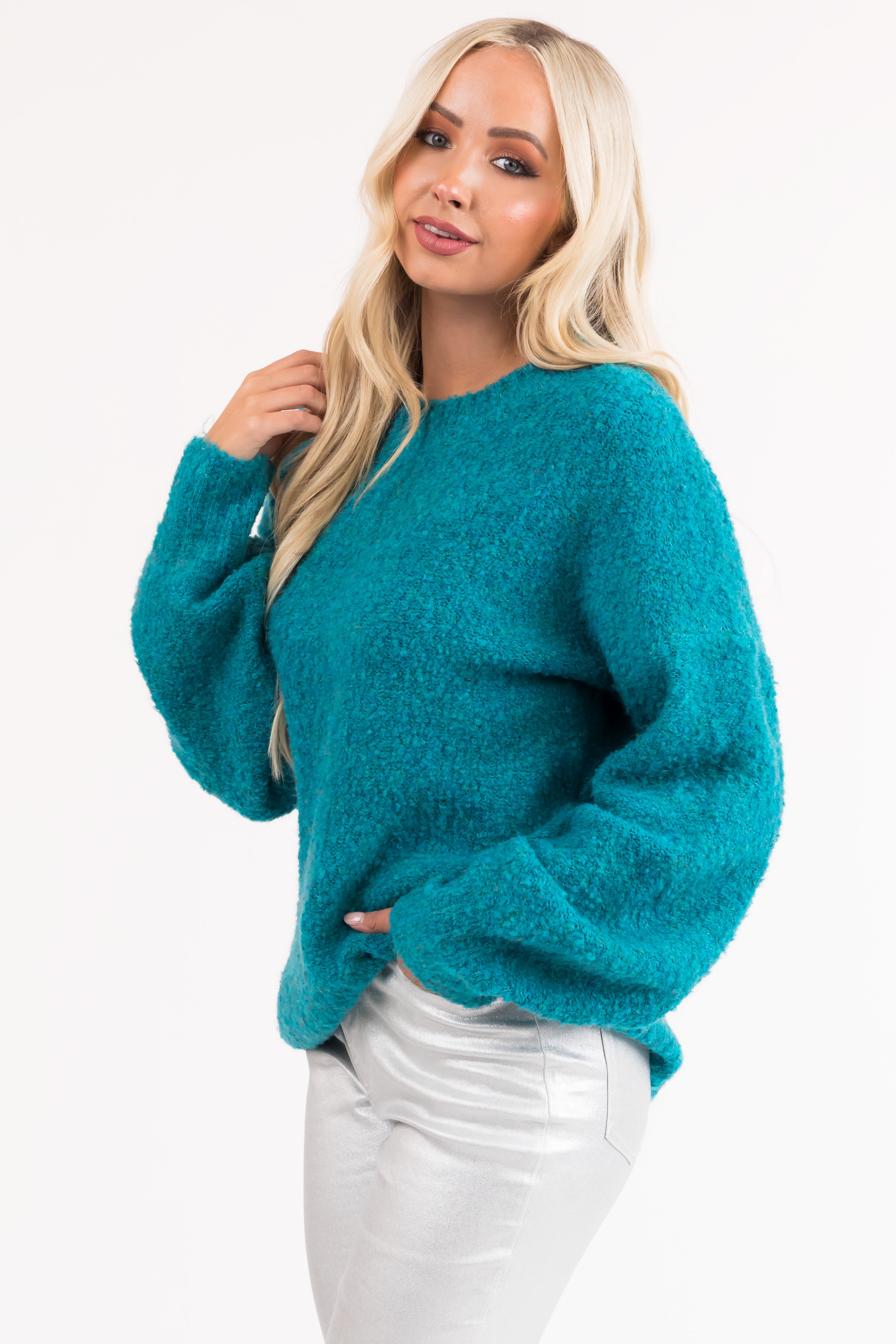 Teal Fuzzy Knit Cozy Bubble Sleeve Sweater