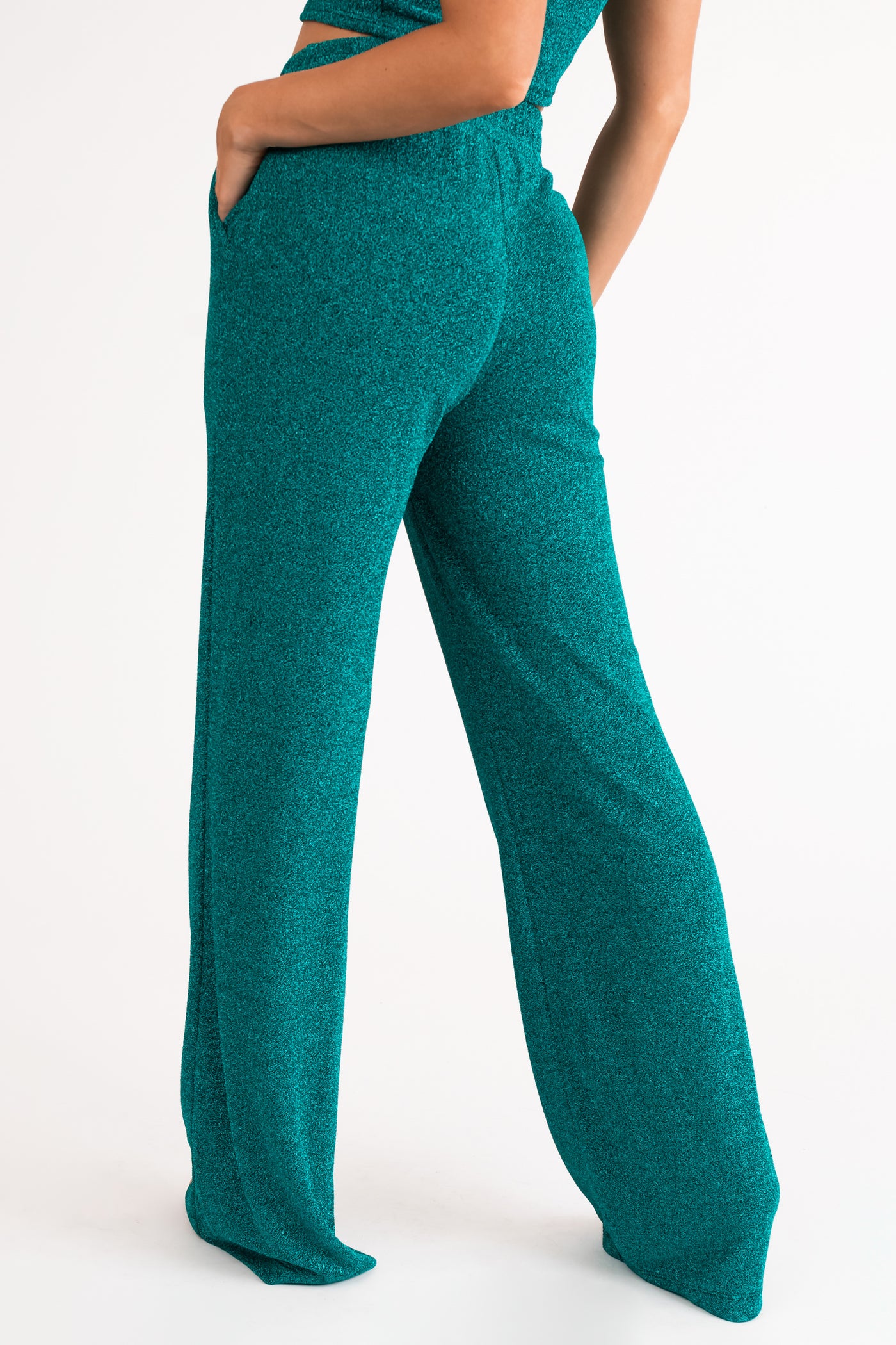 Teal Glitter Wide Leg Stretchy Lurex Pants