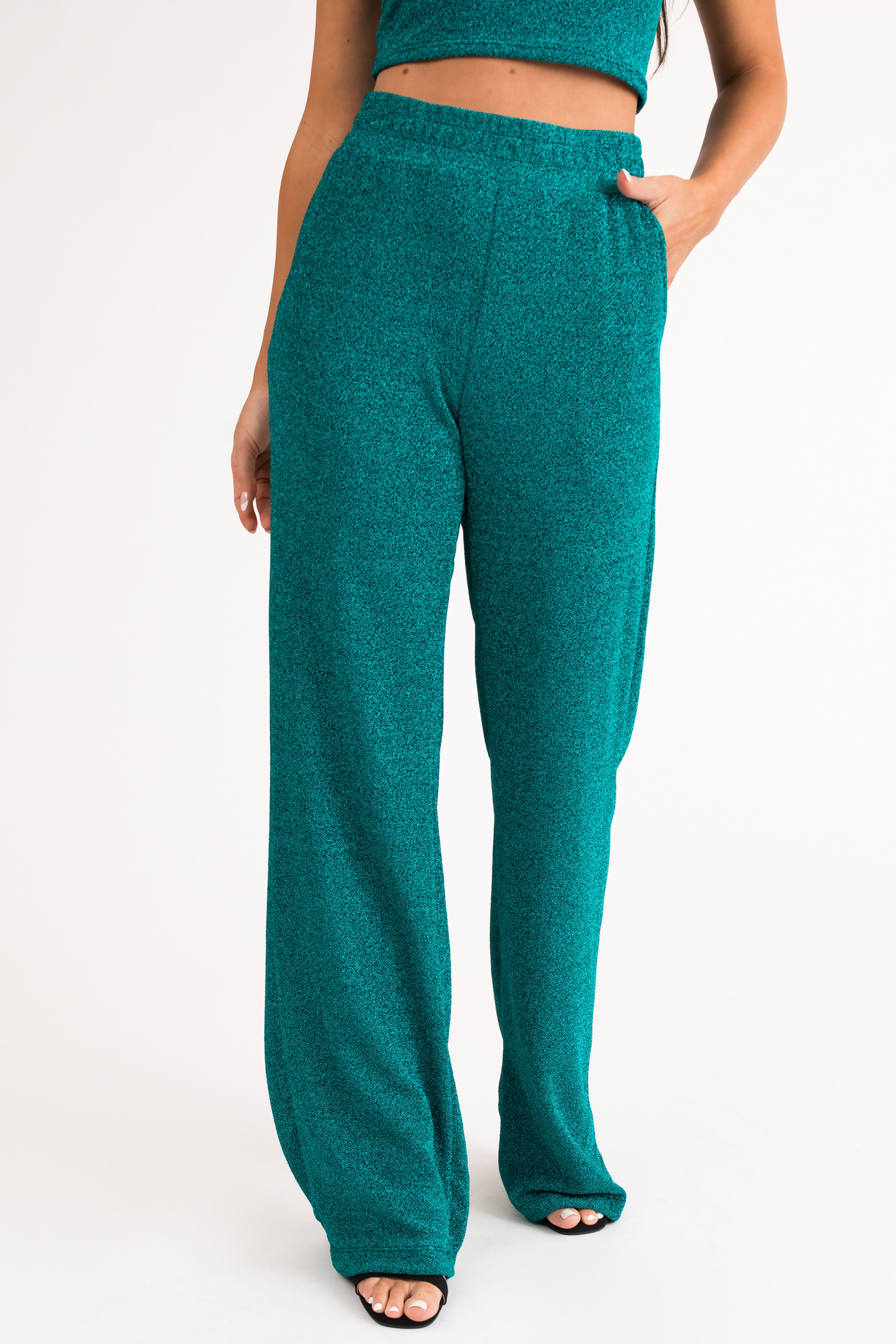 Teal Glitter Wide Leg Stretchy Lurex Pants