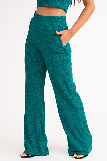 Teal Glitter Wide Leg Stretchy Lurex Pants