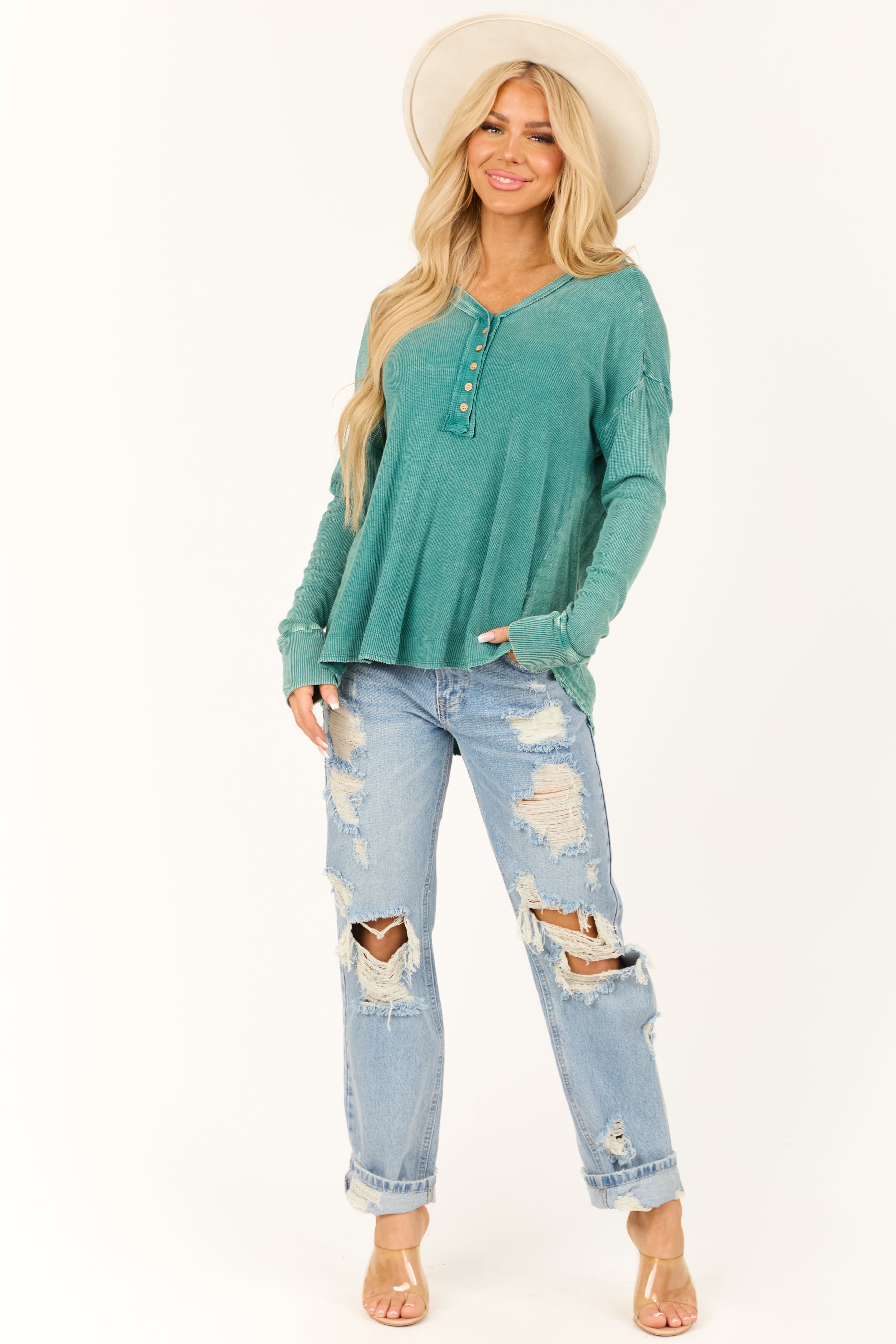 Teal Mineral Wash Long Sleeve Henley Top