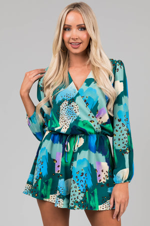 Teal Multicolor Abstract Surplice Flare Romper