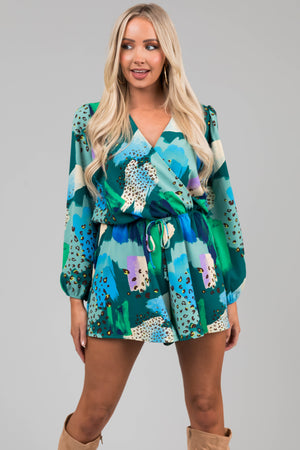 Teal Multicolor Abstract Surplice Flare Romper