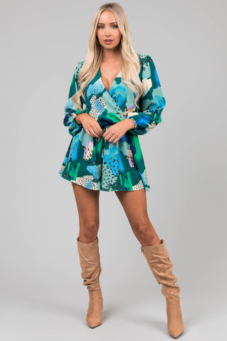 Teal Multicolor Abstract Surplice Flare Romper