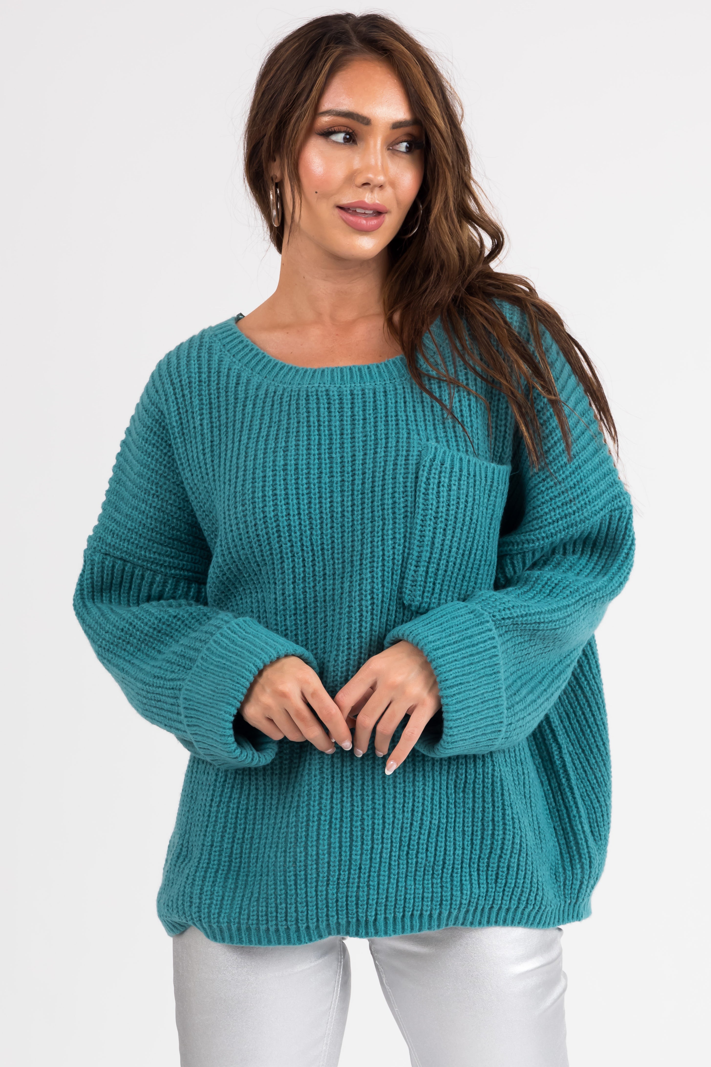 Teal Oversized Chest Pocket Cozy Sweater | Lime Lush