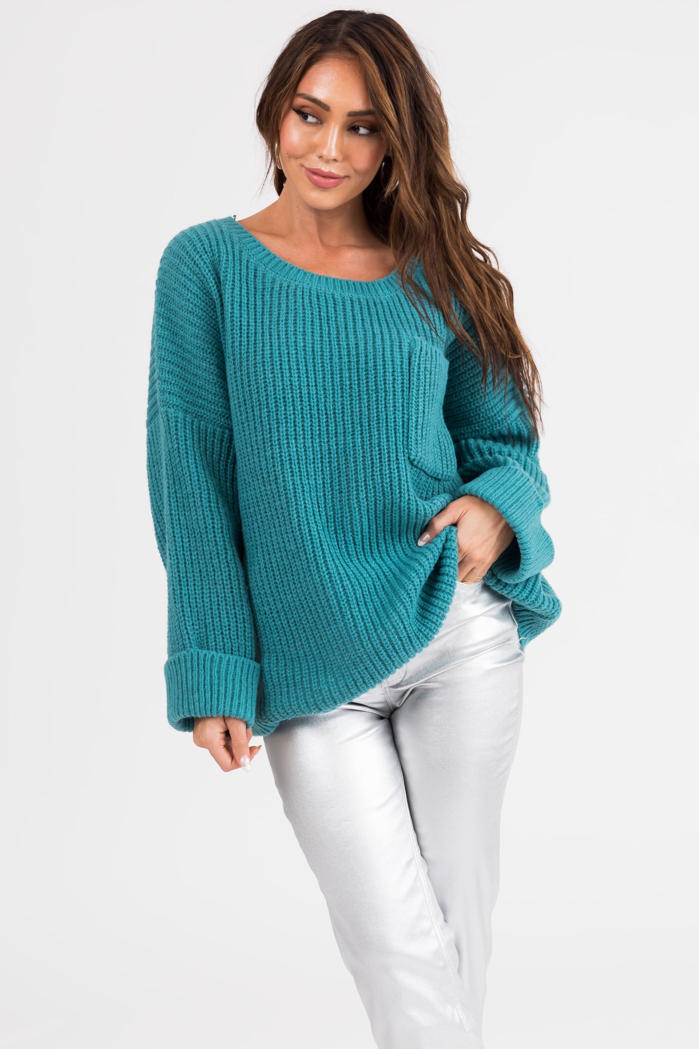 Teal Oversized Chest Pocket Cozy Sweater | Lime Lush