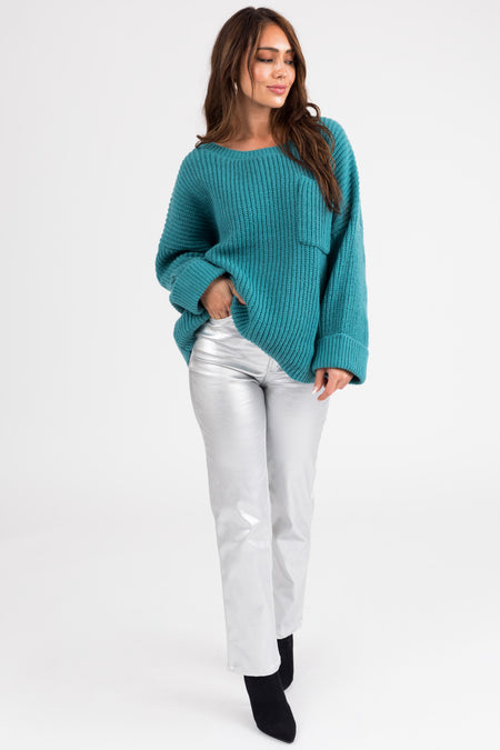 Teal Oversized Chest Pocket Cozy Sweater