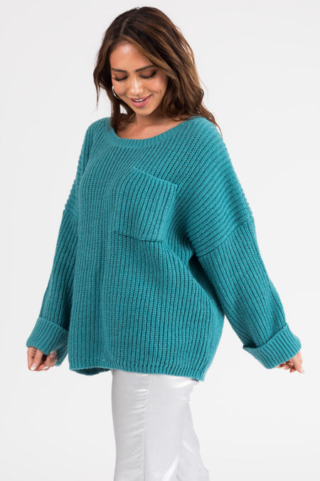 Teal Oversized Chest Pocket Cozy Sweater