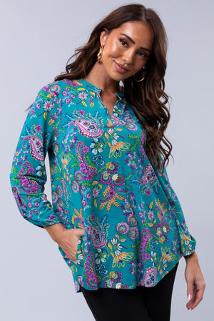 Teal Paisley Print 3/4 Sleeve Blouse