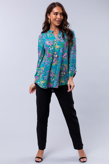 Teal Paisley Print 3/4 Sleeve Blouse