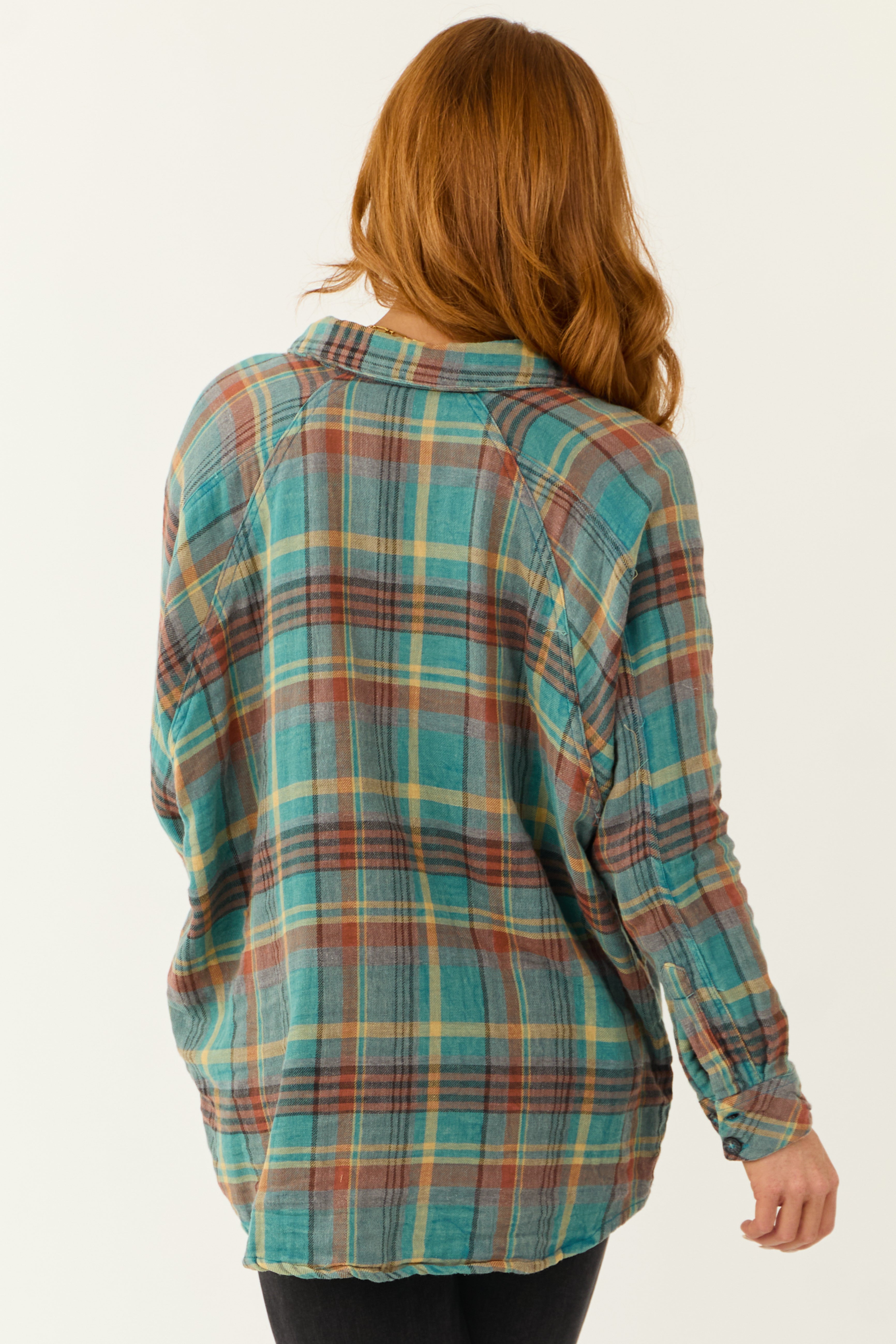 Teal Plaid Button Up Long Sleeve Flannel Shirt