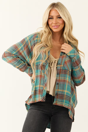 Teal Plaid Button Up Long Sleeve Flannel Shirt