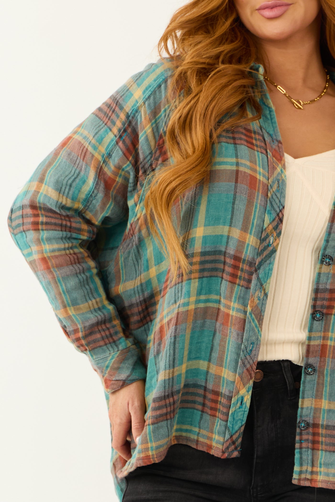 Teal Plaid Button Up Long Sleeve Flannel Shirt