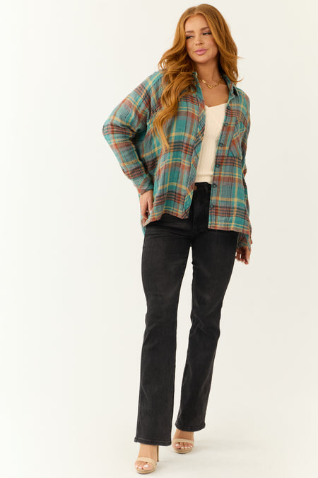 Teal Plaid Button Up Long Sleeve Flannel Shirt