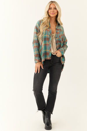 Teal Plaid Button Up Long Sleeve Flannel Shirt