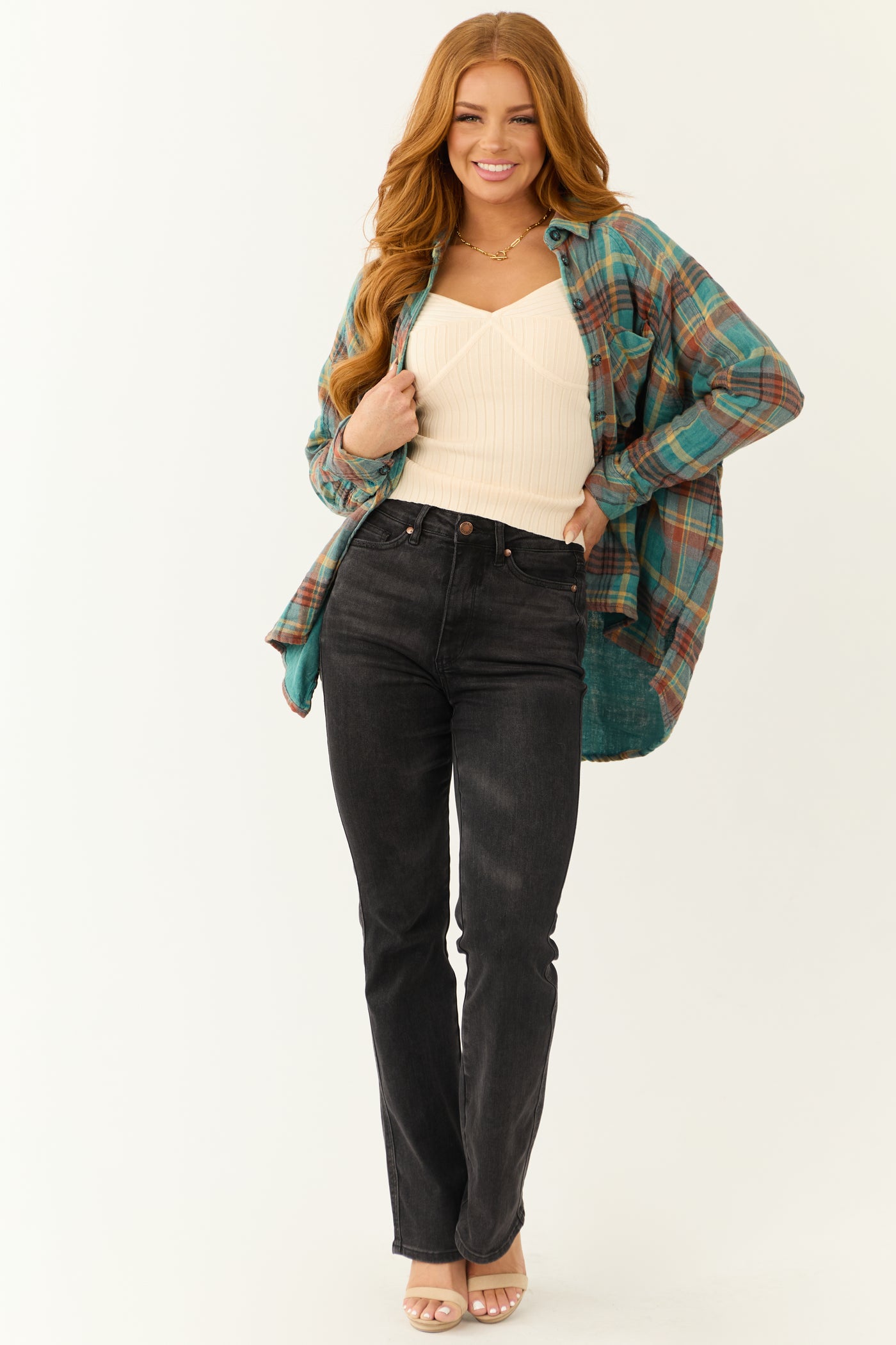 Teal Plaid Button Up Long Sleeve Flannel Shirt