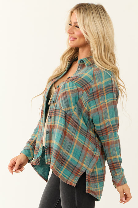 Teal Plaid Button Up Long Sleeve Flannel Shirt