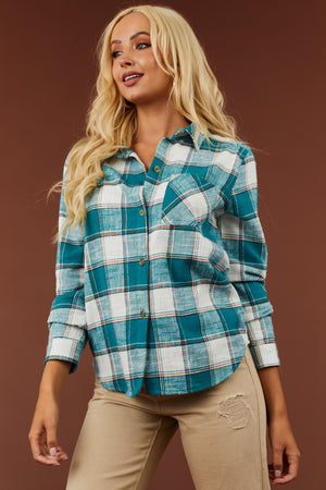 Teal Plaid Cotton Lightweight Shirt Jacket