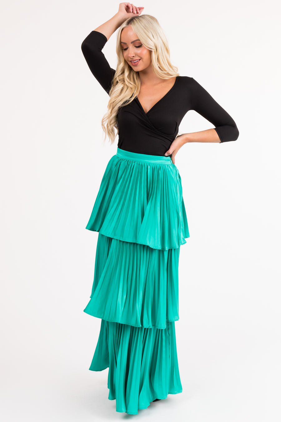 Flying Tomato Teal Pleated Ruffle Layered Maxi Skirt