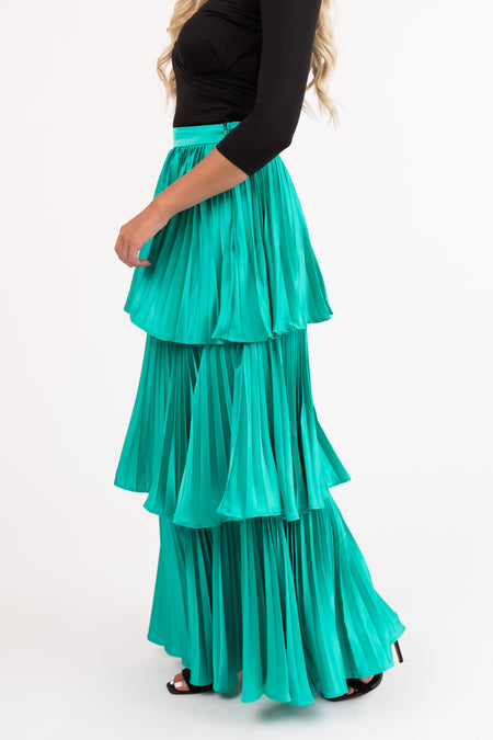 Flying Tomato Teal Pleated Ruffle Layered Maxi Skirt