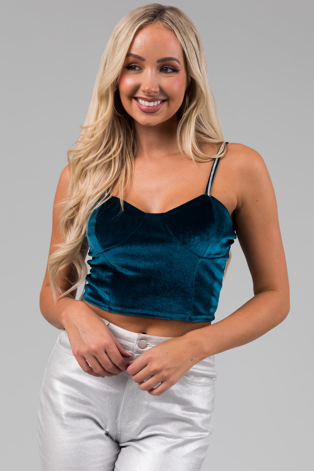 Teal Rhinestone Strap Velvet Bustier Crop Top