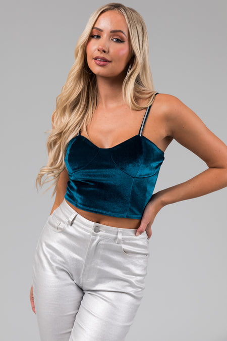 Teal Rhinestone Strap Velvet Bustier Crop Top